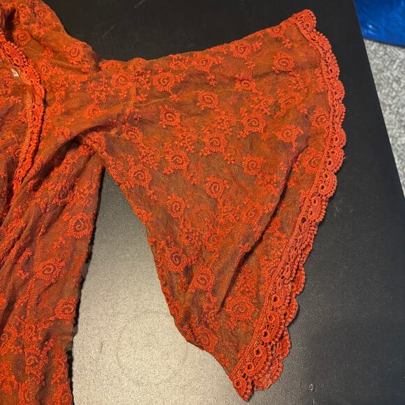 Magnolia Lane Lace Kimono Duster Women’s Medium Rust Orange Boho Chic Sheer Top - Picture 5 of 6